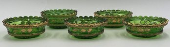 Vintage Emerald Green Gold Trim Glass Lot Of 5 - (HC)
