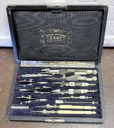 Antique KENT Drawing Instruments Draftsman Kit In Leather & Wood Case