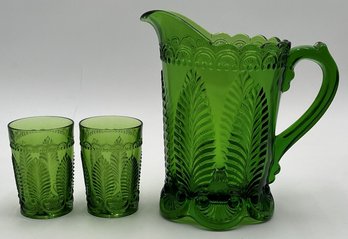 Vintage US GLASS Emerald Green Pitcher & 2 Tumblers  - (HC)