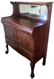 Antique Oak Buffet Rolling Cabinet With Mirror - (P)