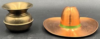 Small Brass Spittoon With Copper Hat - (B1)