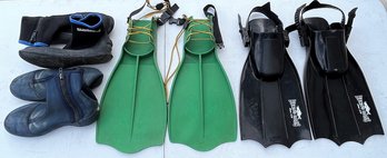 Lot Of 2 Pairs Float-tube Fins & 2 Pairs Wading Water Boots