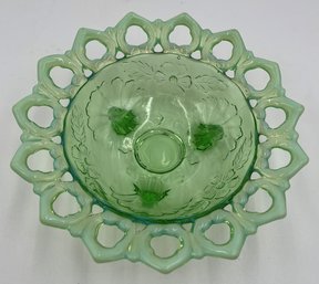 Vintage 3 Footed Green Bowl Embossed Flowers With Lattice Rim - (HC)