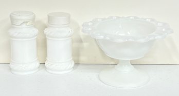 Vintage Milk Glass Salt & Pepper Shakers With Milk Glass Pedestal Dish (G6)