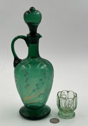Vintage Green Painted Glass Cruet With Small Dish - (HC)