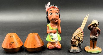 Cast Iron Native American Head Toothpick Holder & Figurine Plus Salt & Pepper Shakers - (K4)