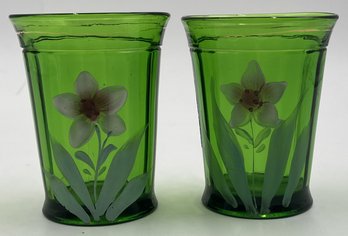 Vintage Northwood Flower Painted Green Glasses Lot Of 2 - (HC)
