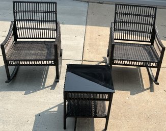 Lot Of 2 Patio Wicker Chairs With Side Table - (BY)