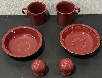 2 Maroon Bowls, Mugs, Salt And Pepper Shakers - (BU)