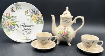 Flowers Feed The Soul Plate, Teapot, Cups & Saucers - (B1)