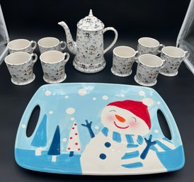 Snowman Themed Teapot, Cups & Very Happy Platter (DB18)