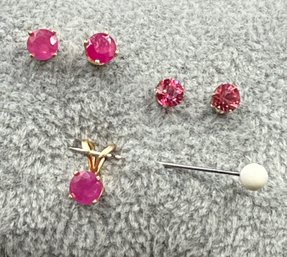 2 Pairs Pink Gemstone Earrings Set In 14K Yellow With Pink Gemstone Pendant (207)