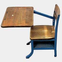 Vintage Metal And Wood Children's One Piece School Desk And Chair