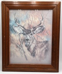 Vintage Deer Print In Wood Frame By Artist K. Maroon 1978