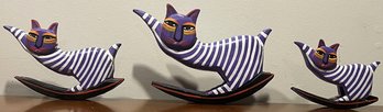 Lot Of 3 Laurel Burch Hand Painted, Rocking Wood Cats  - (BBR2)