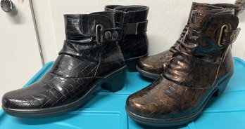 New Women's Easy Street Black & Brown Shiny Crocodile Style Vinyl Boots - S7 (G4)