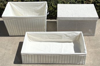 2 Faux Wicker Cloth Lined Baskets & Cloth Covered Storage Box - (G)