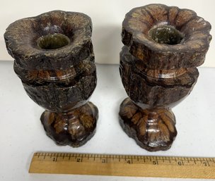 Pair Of Rustic Wooden Burl Wood Taper Candle Holders - (G4)