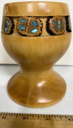 Turned Wood Pedestal Candle Holder With Inlaid Walnut Shells & Turquoise Stone - (G4)