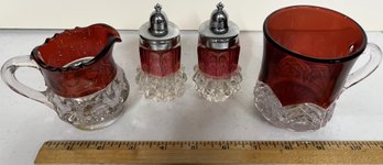 Vintage Ruby Red Flashed Etched Glass Mugs, Pitcher, Salt & Pepper Set - (G4)