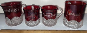 Vintage Ruby Red Flashed Etched Glass Mugs - (G4)