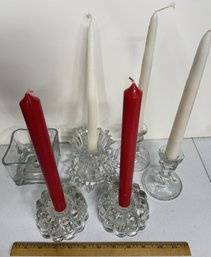 Mixed Bundle Of Clear Glass Candle Holders With Taper Candles - (G3)