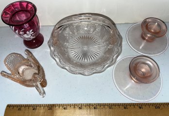 Vintage Pink Glass Dishes, Including Lidded Trinket Box - (G5)