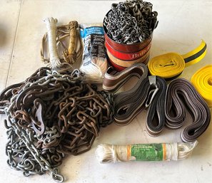 Large Lot Of Chains, Ropes & Straps In Rubbermaid Storage Tote