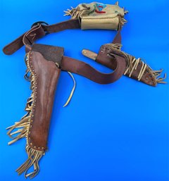 Vintage Leather Long Barrel Gun Holster & Knife Sheath Belt With Knife - Beaded Bag