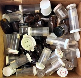 Box Of Plastic And Small Glass Jars