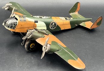 Vintage Mar Toys WWII Tin Wind Up Military Bomber Plane - (LR)