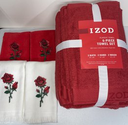 6 Piece Izod Red Towel Set & 2 Red/2 White Fingertip Towels With Embroidered Roses - (G8)