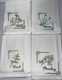 Lot Of 4 Herb Machine Embroidered Flour Sack Tea Towels - T6 (G7)