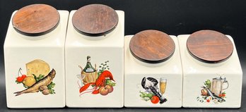Set Of 4 Vintage Hylan Pottery Wood Lid Ceramic Cannisters - (LR)