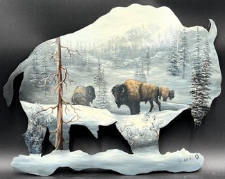 Metal Buffalo Wall Hanging Painting Signed By Diana - (LR)
