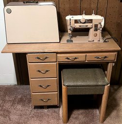 Vintage Singer Sewing Machine Table & Storage Stool - With All Contents Of Desk Drawers & Stool