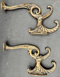 2 Vintage Brass Wall Mount Ornate Coat Hooks - (LR)
