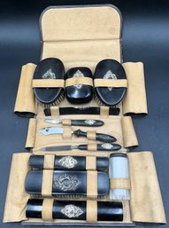Vintage Gentlemans Grooming Kit In Leather Travel Case - (P)