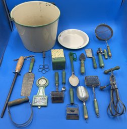 Great Collection Of Vintage Kitchen Utensils With Large Enamelware Bucket - (BT)