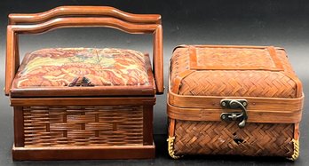 2 Wood Wicker Sewing Boxes & Contents - (K5)