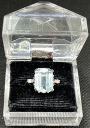 Aquamarine & Diamond Ring In 14k White Gold - (R3)