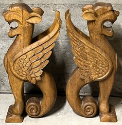 Vintage Pair Of Carved Wood Griffins - (A1)
