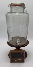 Glass Drink Dispenser With Wooden Pedestal & Chalkboard Label