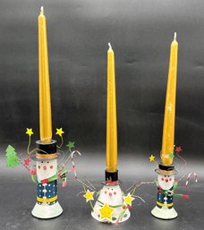 Adorable Snowman Candle Holders With Gold Candles (B2)