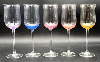 Lot Of 5 Pretty Long-Stemmed Wine Glasses In Array Of Colors (UB)