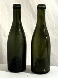 2 Vintage Green Glass Bottles - (BWH)