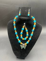 Jewelry Bundle #3 - Blue And Yellow Glass Beaded Necklace And Bracelet With Dichroic Glass Butterfly