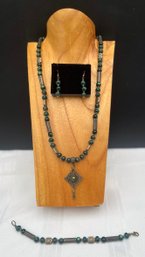Jewelry Bundle #7 - Green & Blue Glass Beads With Green Tigers Eye Necklace / Bracelet / Earrings