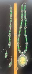 Jewelry Bundle #11 - Green Stone & Glass Beads With Cameo Pendant - Necklace / Bracelet / Earrings