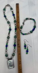Jewelry Bundle #14 - Green And Blue Glass Pendant Necklace / Bracelet / Earrings